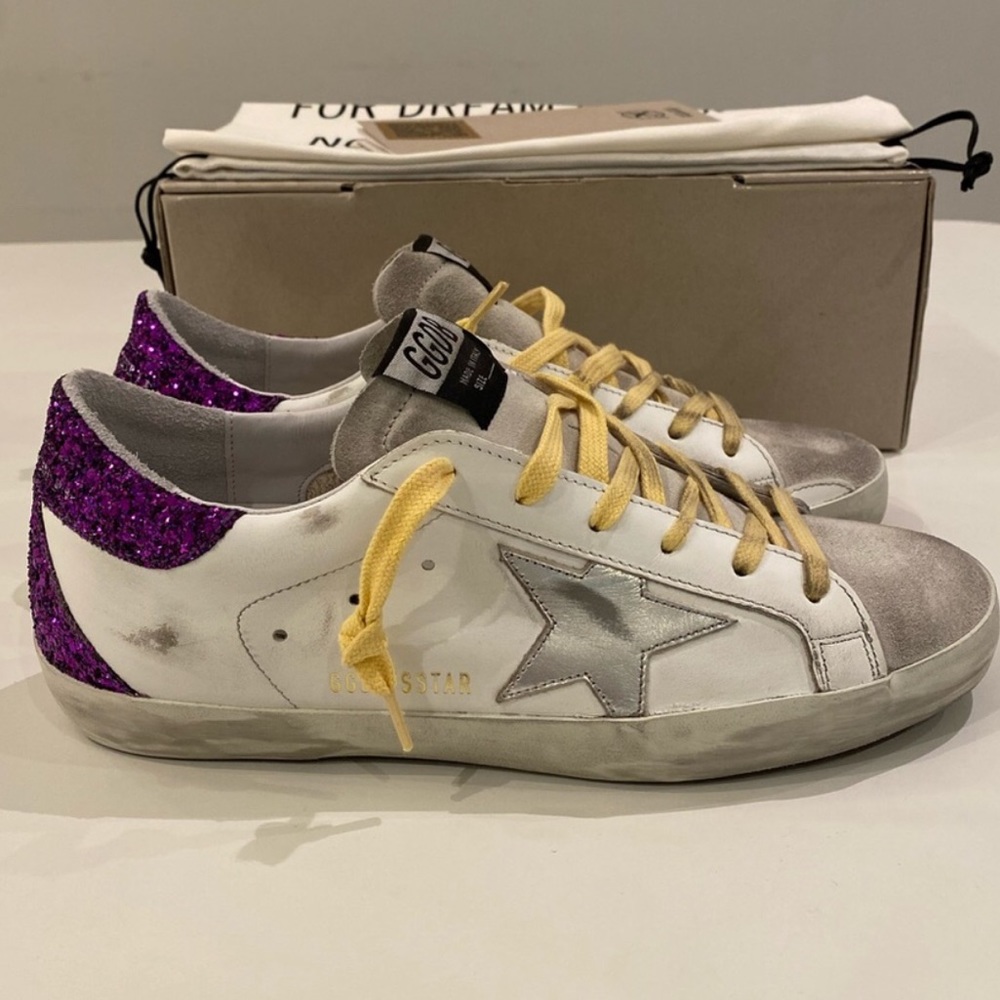 Golden Goose white and purple glitter distressed leather superstar sneakers